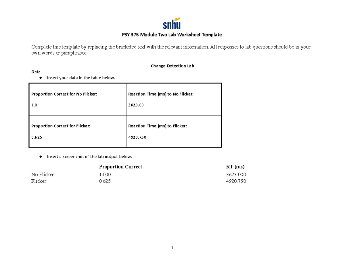 PSY 375 Module Two Lab Worksheet - All Responses To Lab Questions ...