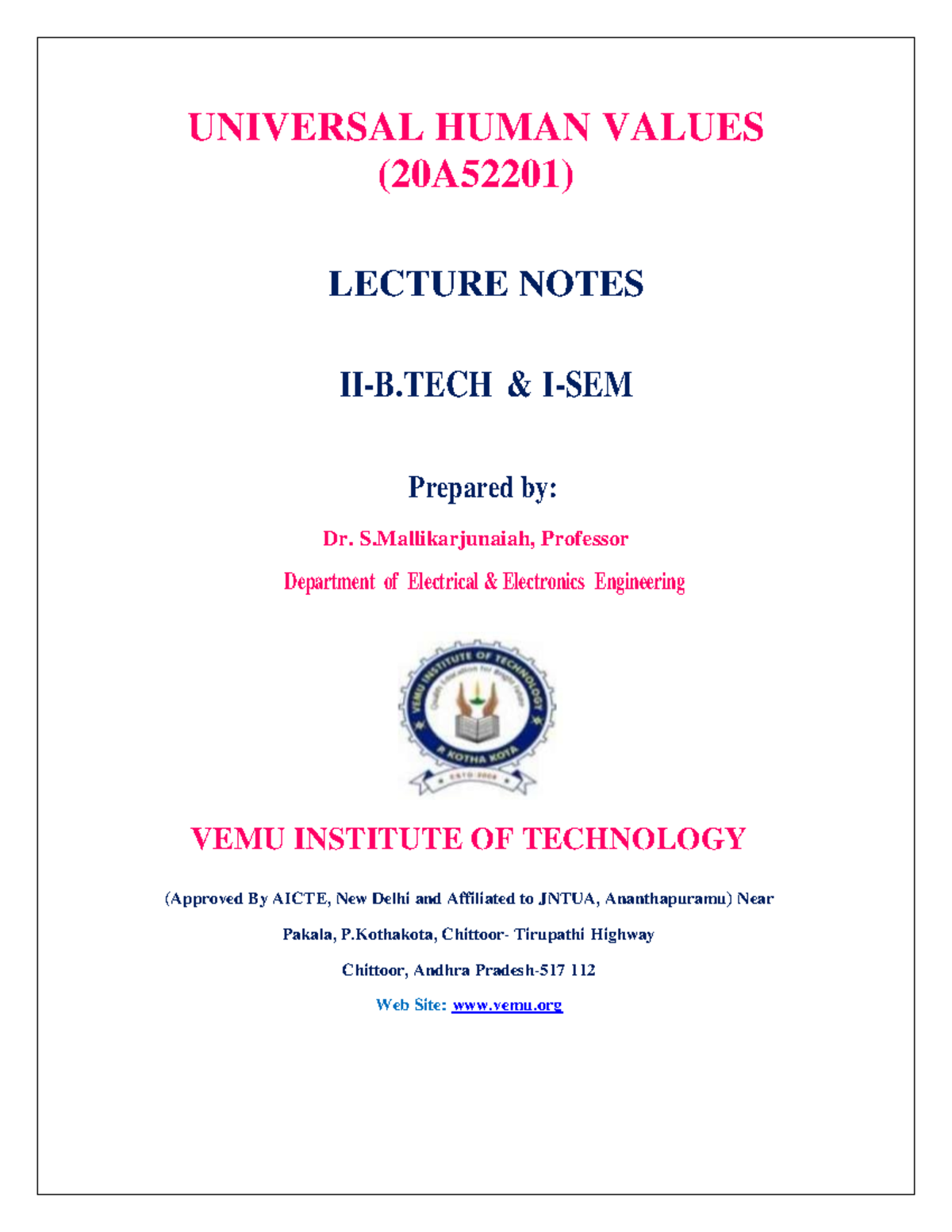 UHV Teaching Notes - UHV - UNIVERSAL HUMAN VALUES (20A52201) LECTURE ...