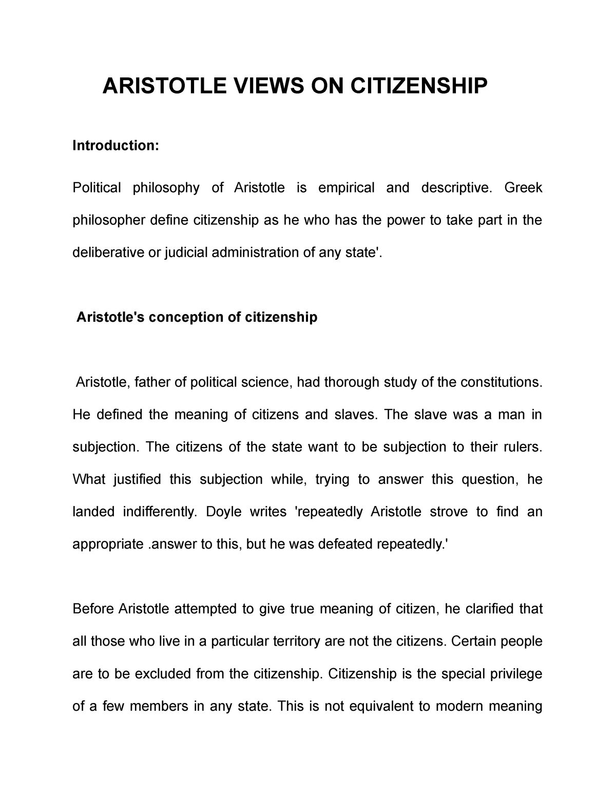 Aristotle Views ON Citizenship - ARISTOTLE VIEWS ON CITIZENSHIP  Introduction: Political philosophy - Studocu