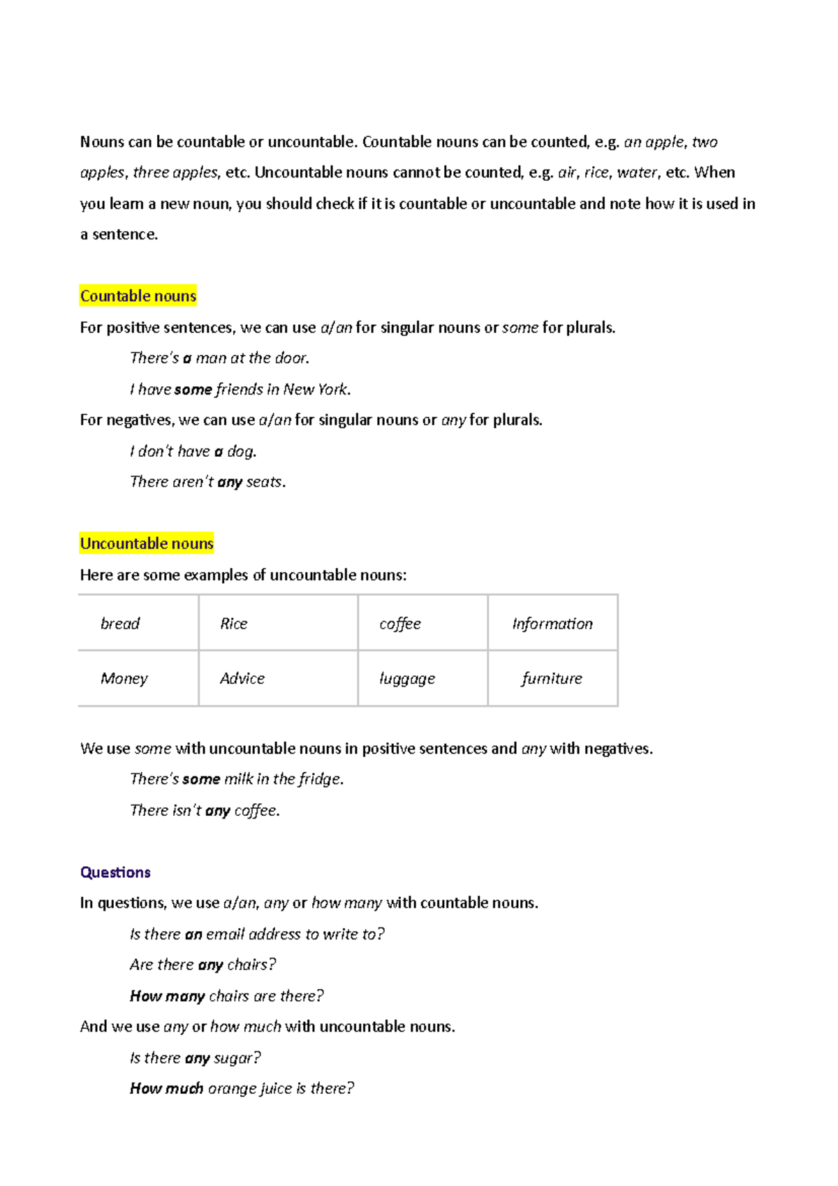 Countable and uncountable nouns Nouns can be countable or uncountable