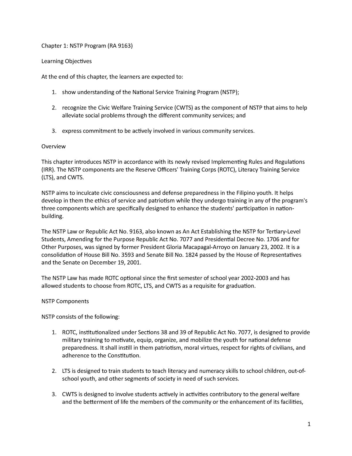 Chapter 1 NSTP Program (RA 9163) - Chapter 1: NSTP Program (RA 9163 ...