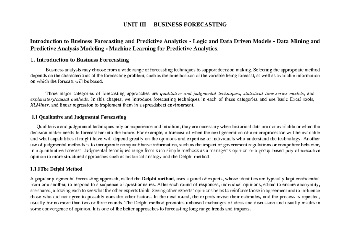 UNIT III Business Forecasting - UNIT III BUSINESS FORECASTING ...