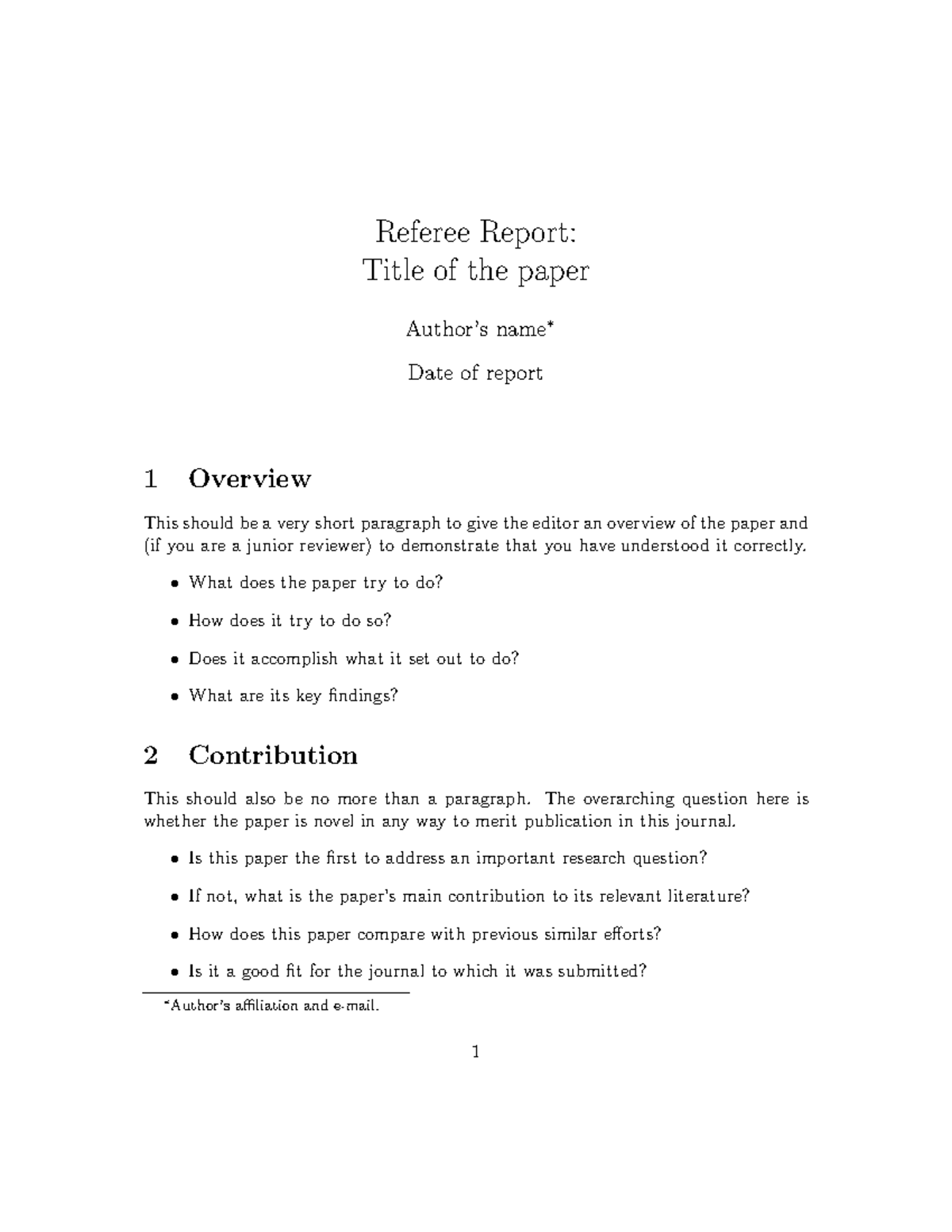 Template Of Referee Report Referee Report Title Of The Paper Author 