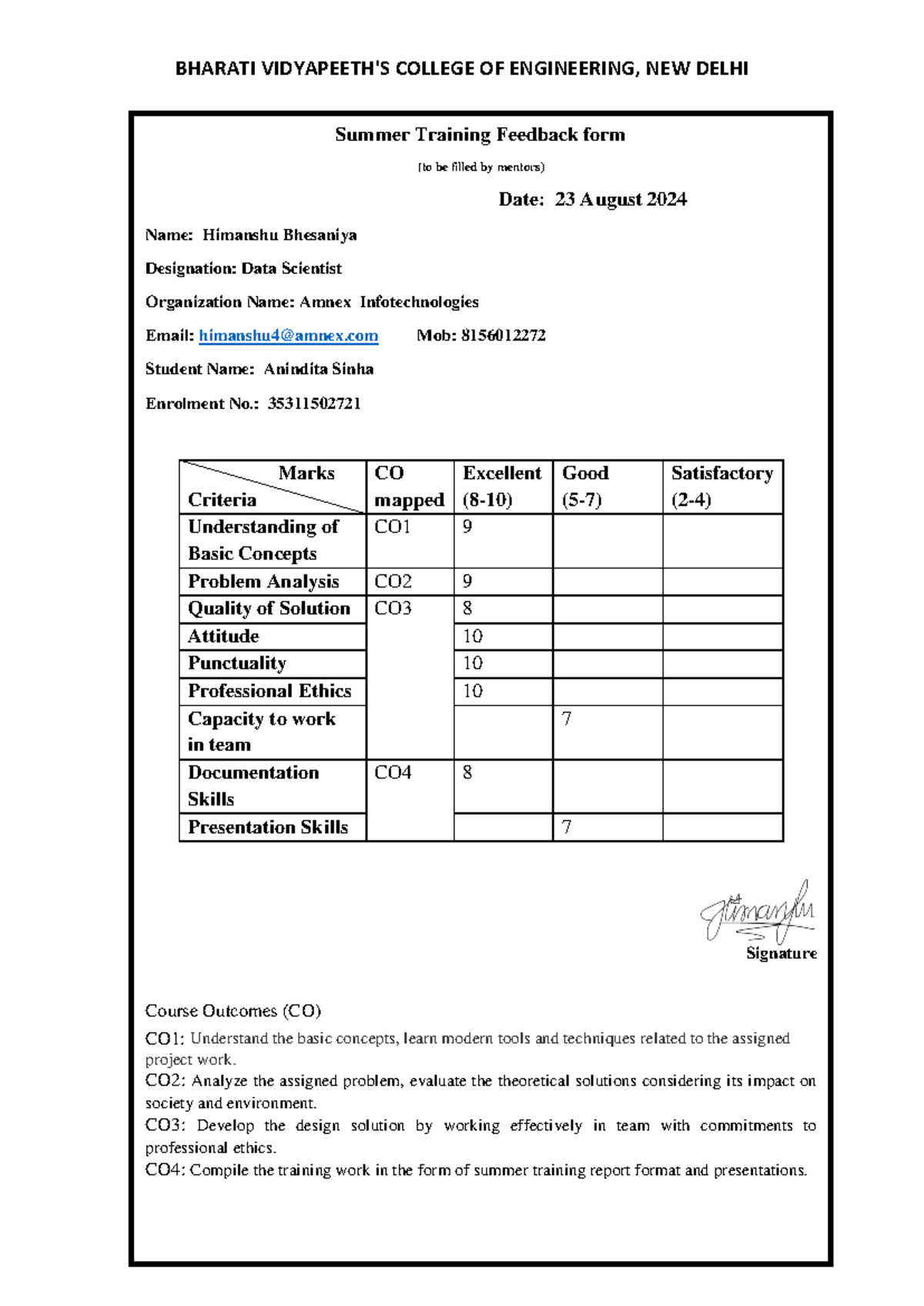 Summer Training Feedback form - BHARATI VIDYAPEETH'S COLLEGE OF ...