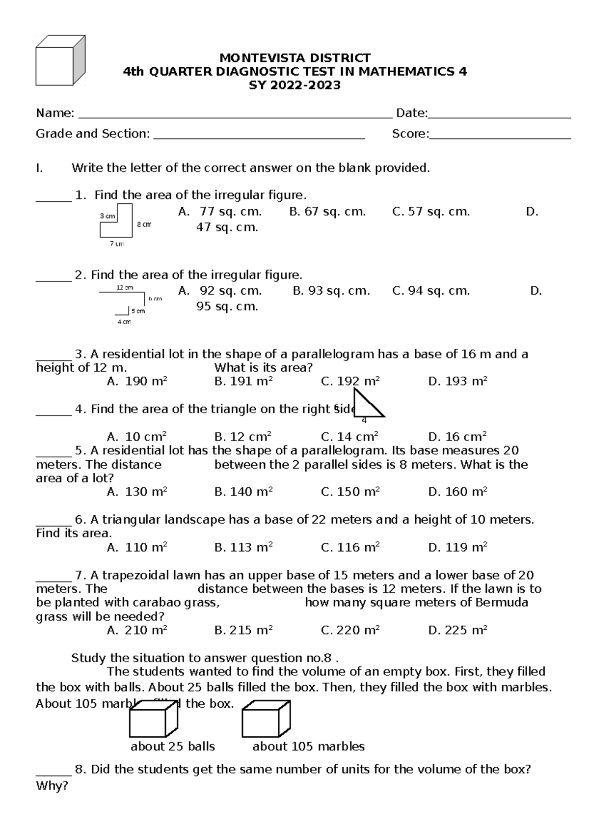 Q4 Math 4 Diagnostic Test - MONTEVISTA DISTRICT 4th QUARTER DIAGNOSTIC ...