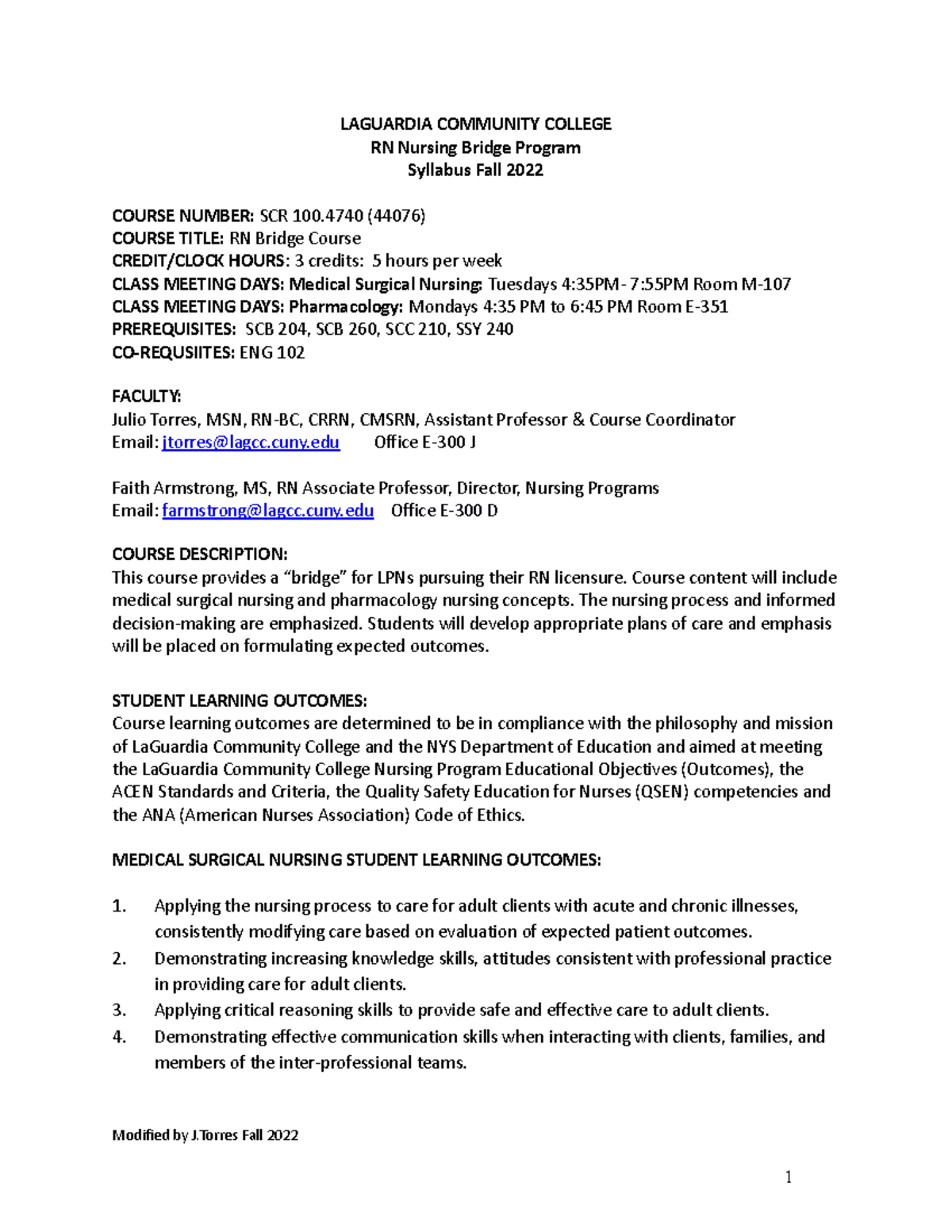 SCR 100 RN Bridge Course Syllabus Fall 2022 LAGUARDIA COMMUNITY
