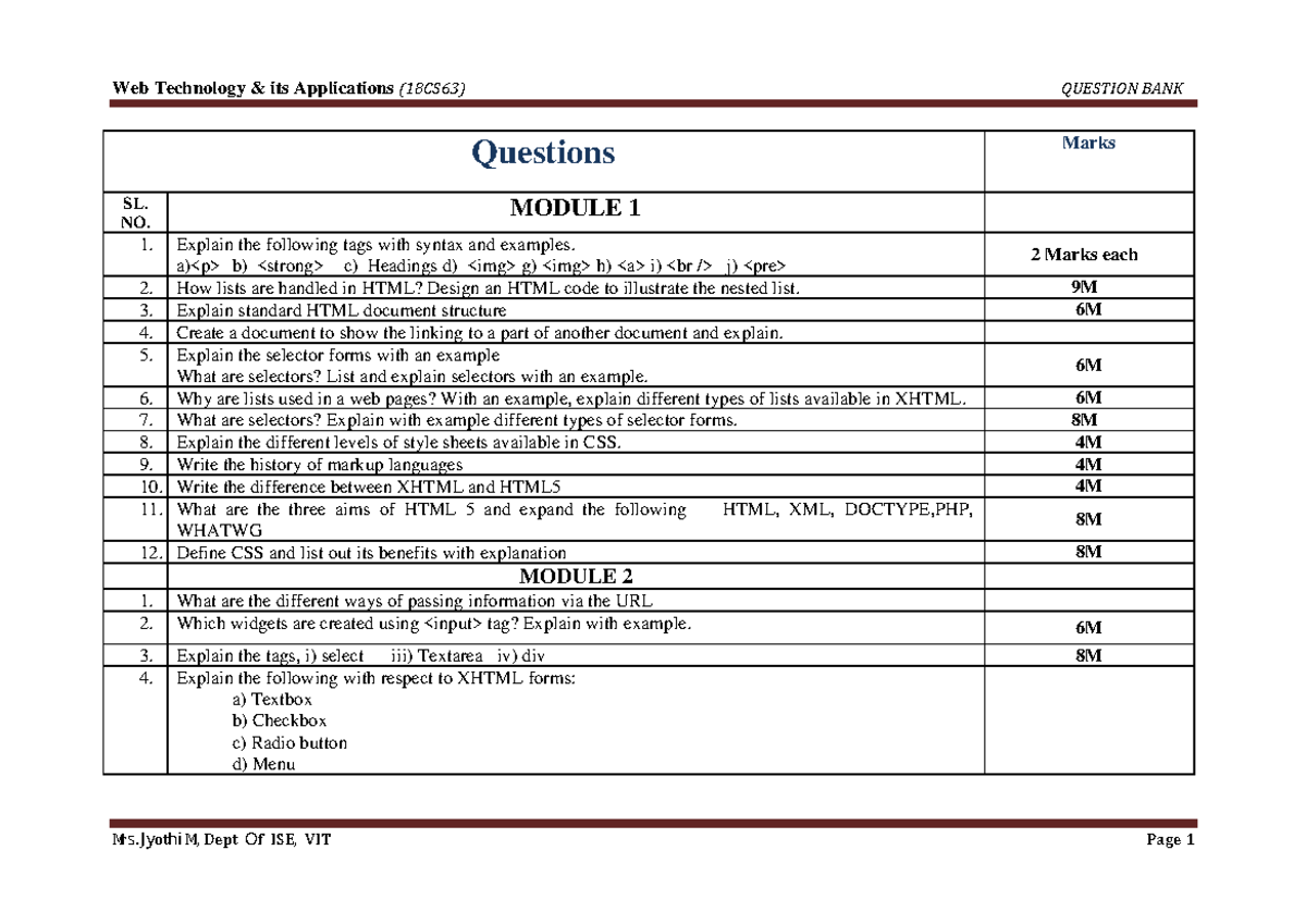Web-Question Bank updated - Questions Marks SL. NO. MODULE 1 1. 1 ...