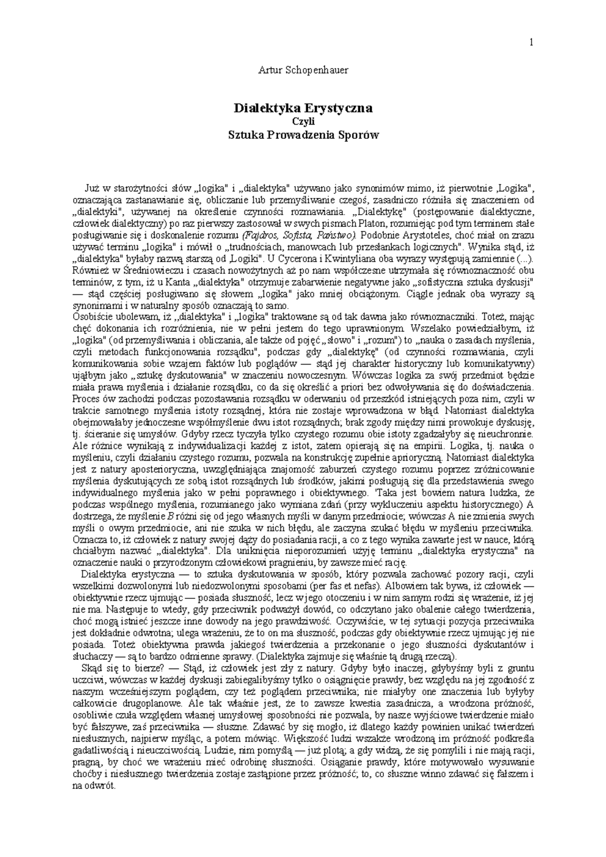 Artur Schopenhauer - Erystyka (Czyli sztuka prowadzenia sporów)[P