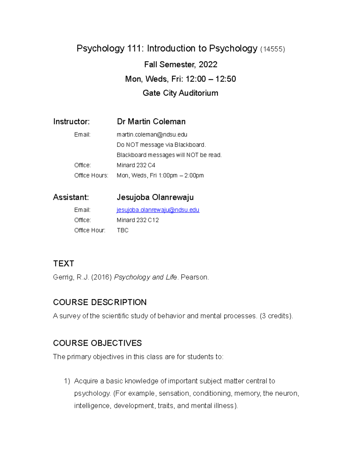 111 (14555) Syllabus Fall 2022(2) - Psychology 111: Introduction to ...