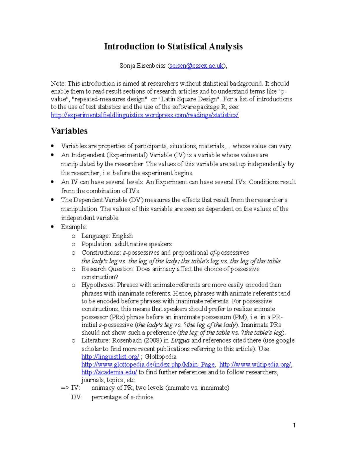 Introduction to Statistics - ac), Note: This introduction is aimed at ...