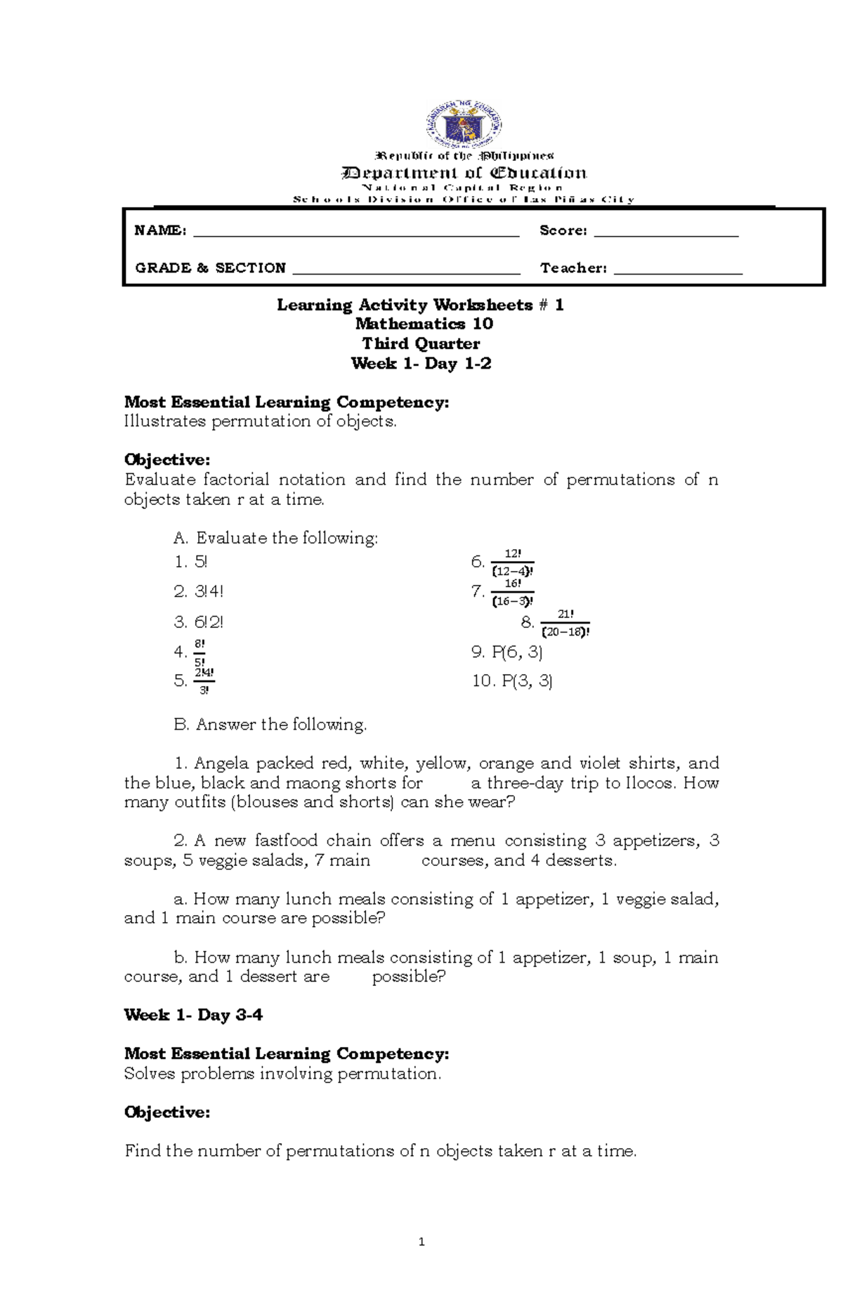 G10-Q3-WS -LAW 1 - math - NAME ...