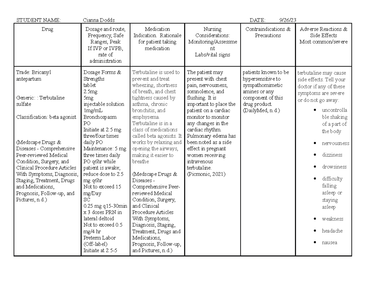 obmedworksheet - ob med cards - STUDENT NAME:_______Cianna - Studocu