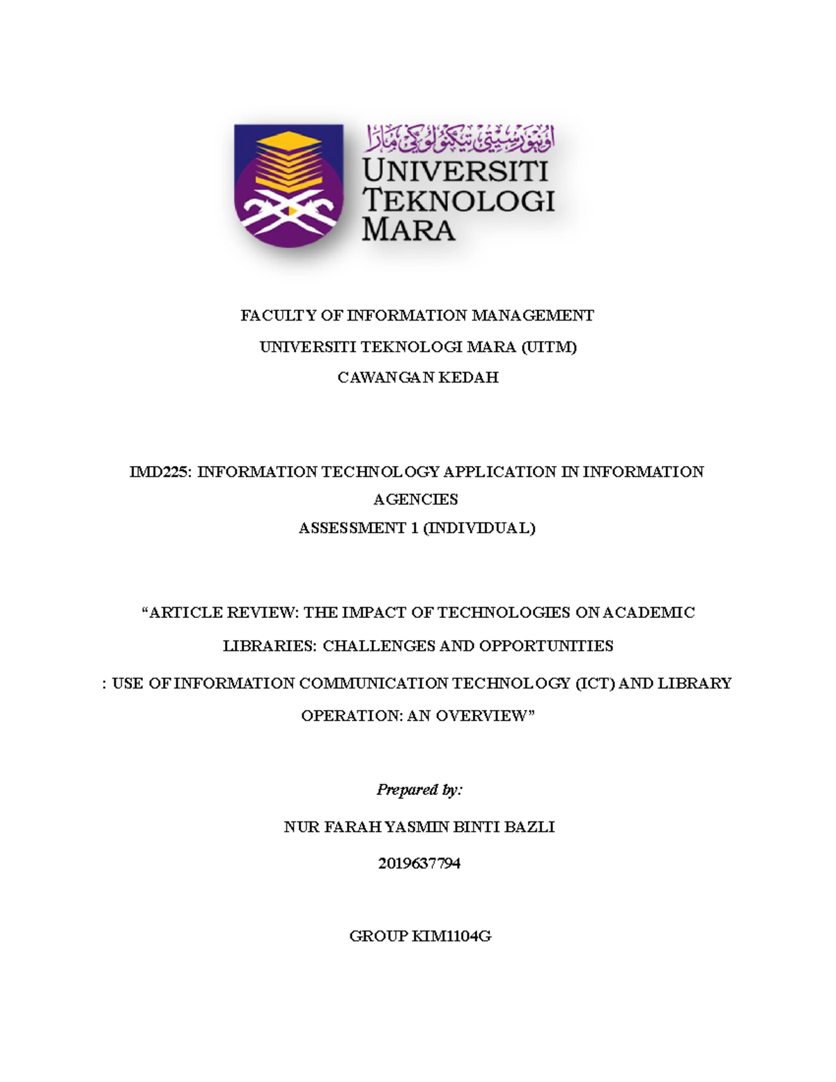 Article review IMD225 - FACULTY OF INFORMATION MANAGEMENT UNIVERSITI ...