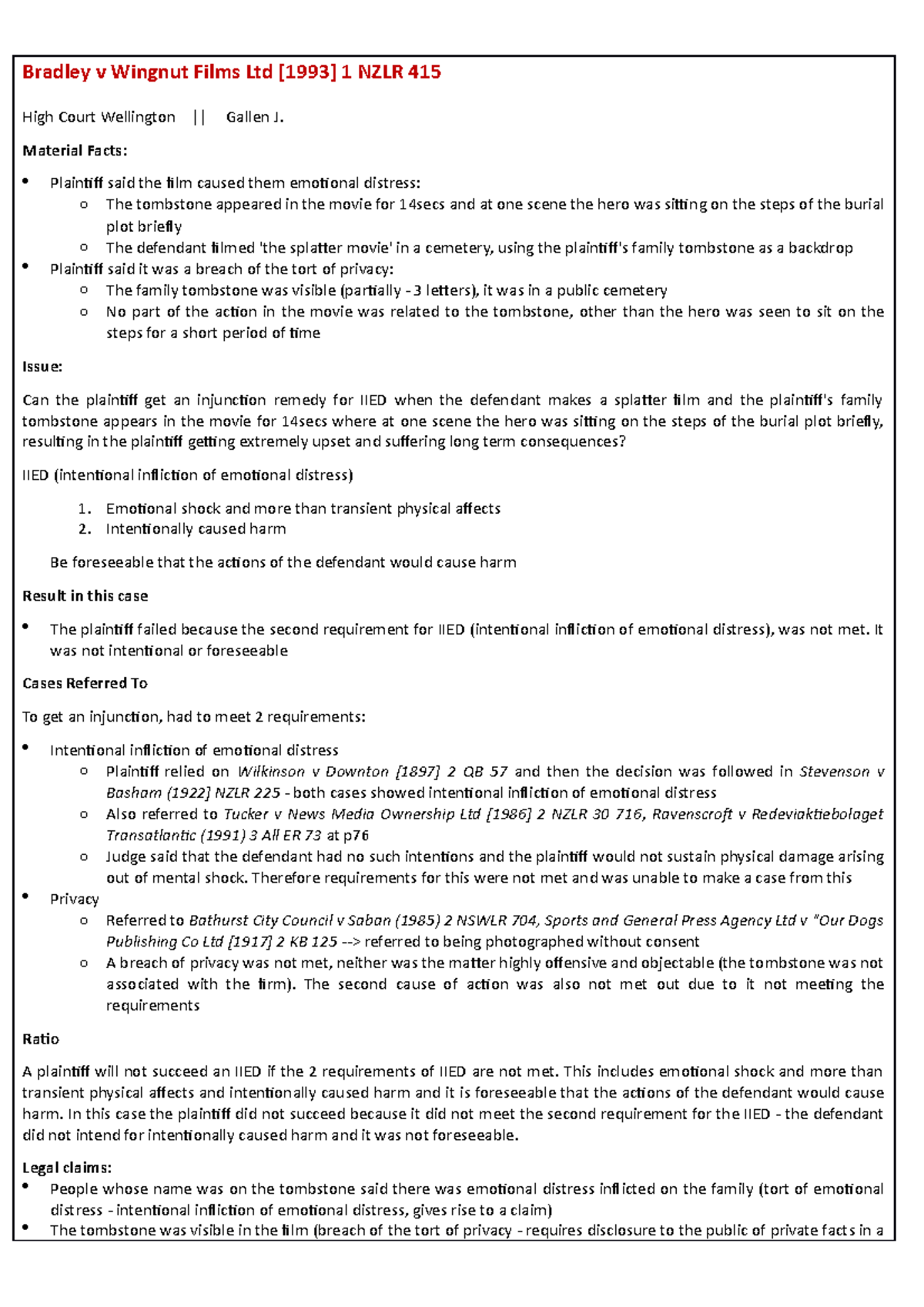 LAWS122 All Case Briefs from 1st Six Weeks - Bradley v Wingnut Films ...