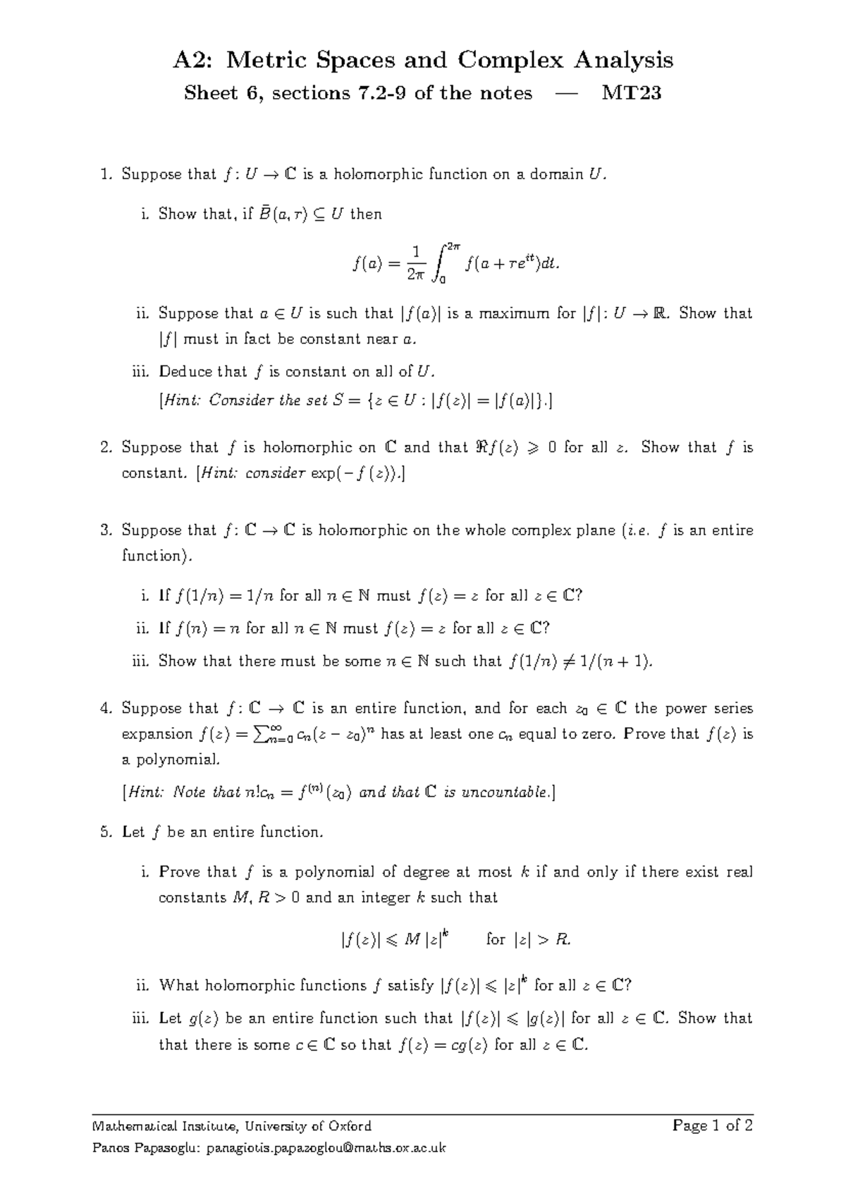 Sheet 6 - SFSWFDF - A2: Metric Spaces and Complex Analysis Sheet 6 ...
