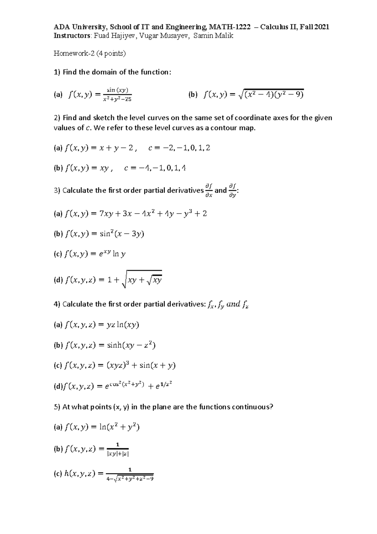 Calculus 2, HW2 - for calculus students - Process Engineering A - Studocu