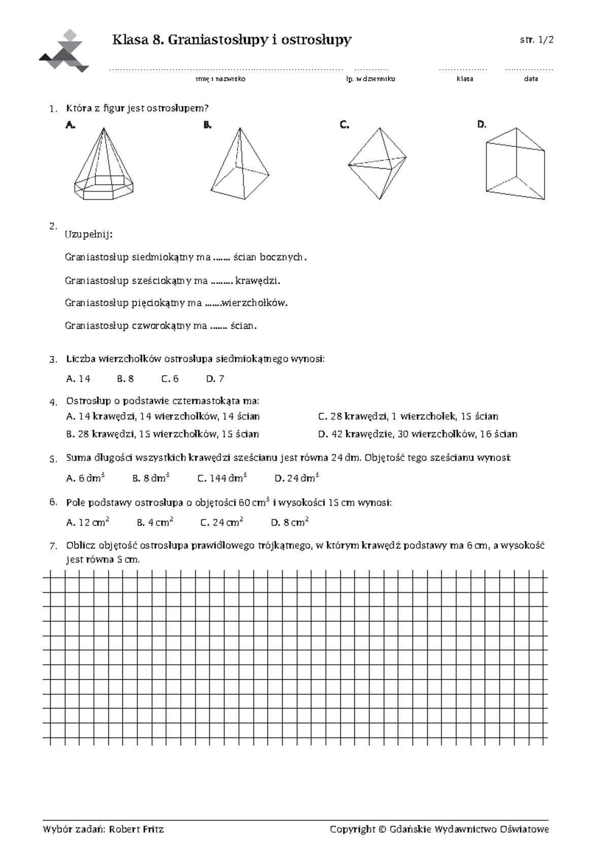 Sprawdzian Ostrosłupy Wsip Klasa 8 www.studocu.com