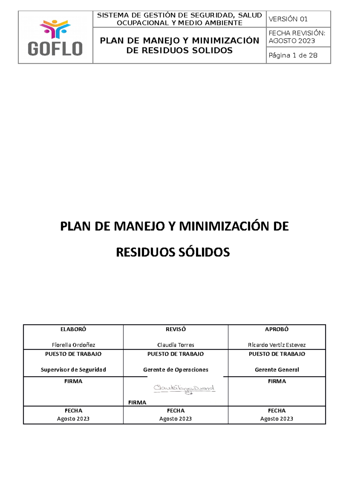 Plan De Manejo Y Minimización De Residuos Ocupacional Y Medio