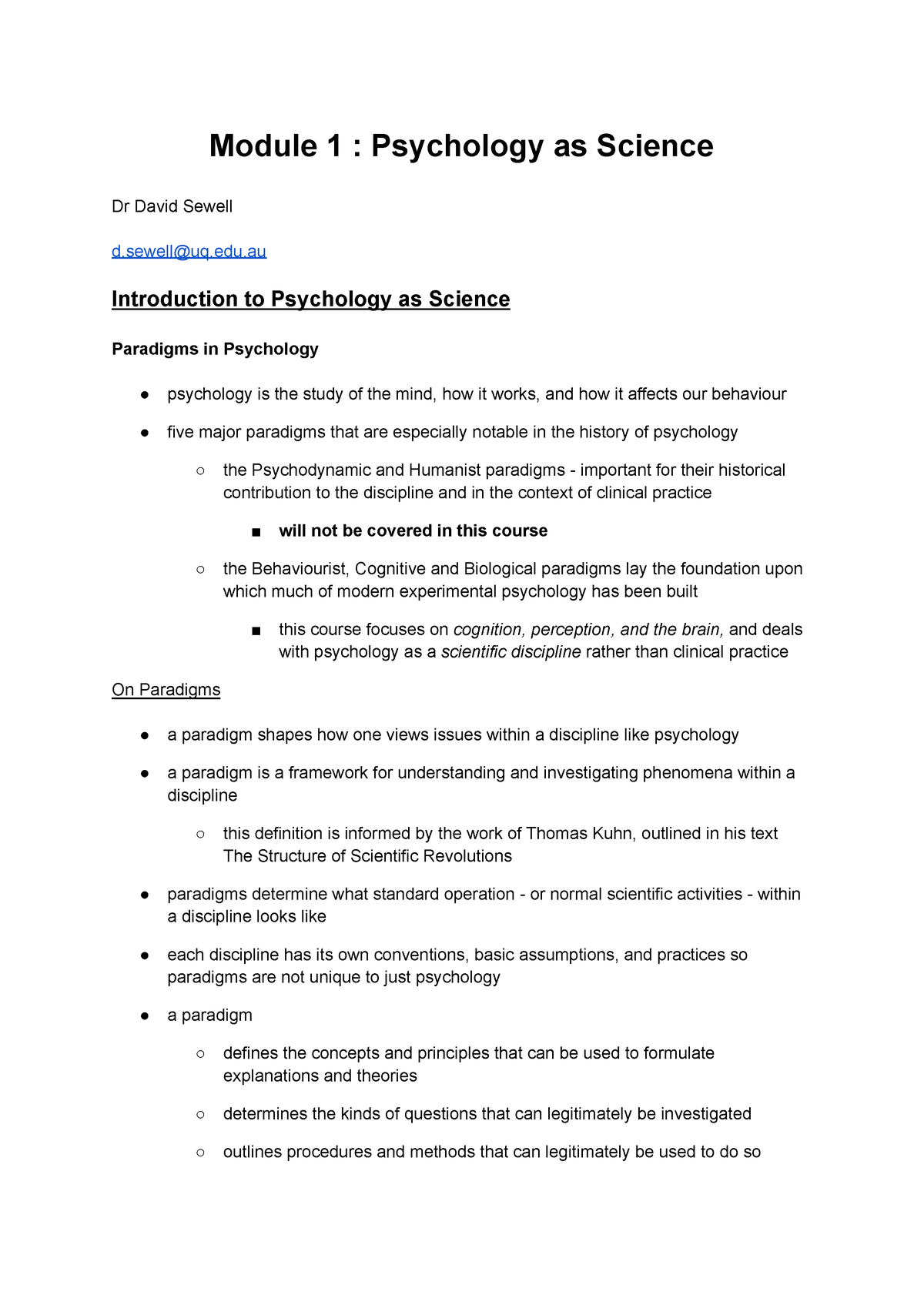 Module 1 - notes - Module 1 : Psychology as Science Dr David Sewell d ...