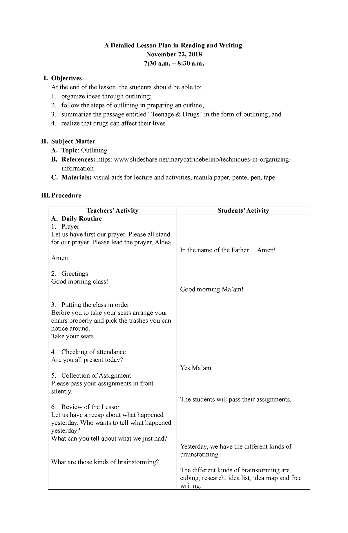 A Detailed Lesson Plan in English 11 - Outlining - A Detailed Lesson ...