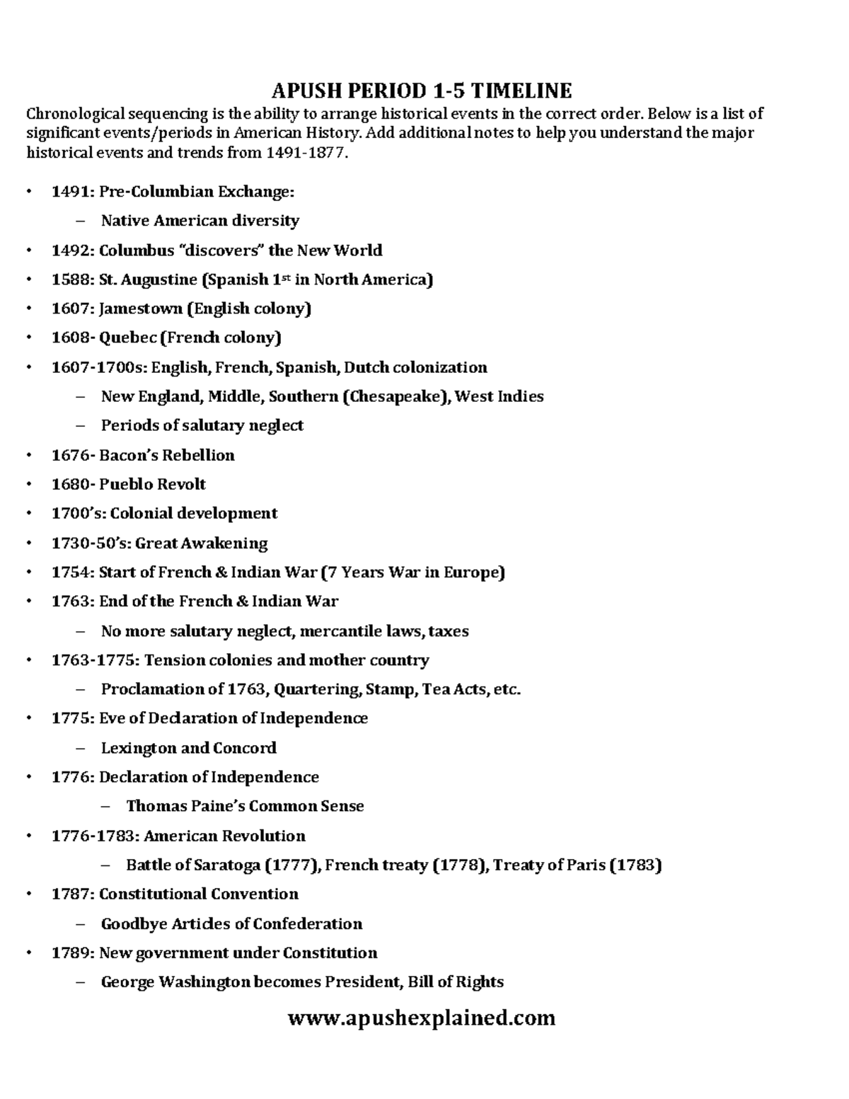 Apush Period 1 5 Timeline Apushexplained APUSH PERIOD 1 5 TIMELINE 