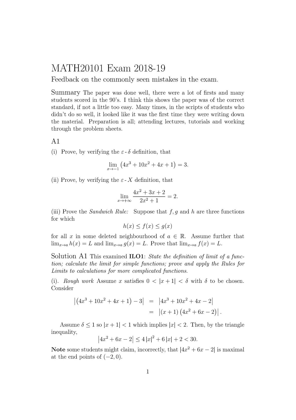 Exam Solutions January 2019 - MATH20101 Exam 2018- Feedback On The ...