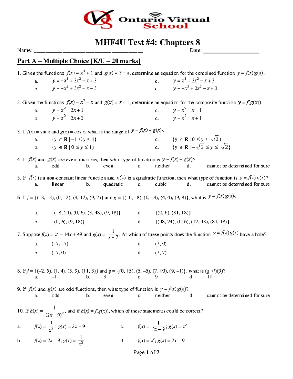 Unit 4 Practice Test - MHF4U Test #4: Chapters 8 Name