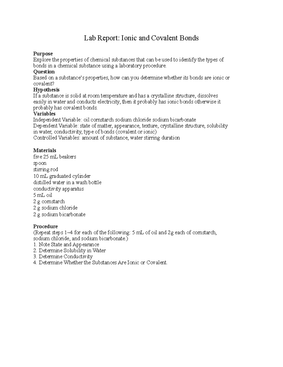 FCAO types of reactions lab Lab Report Ionic and Covalent Bonds