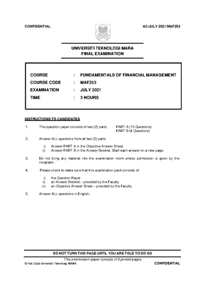 Answer Scripts Front PAGE AC110-MAF253 TEST - ANSWER BOOKLET FACULTY ...