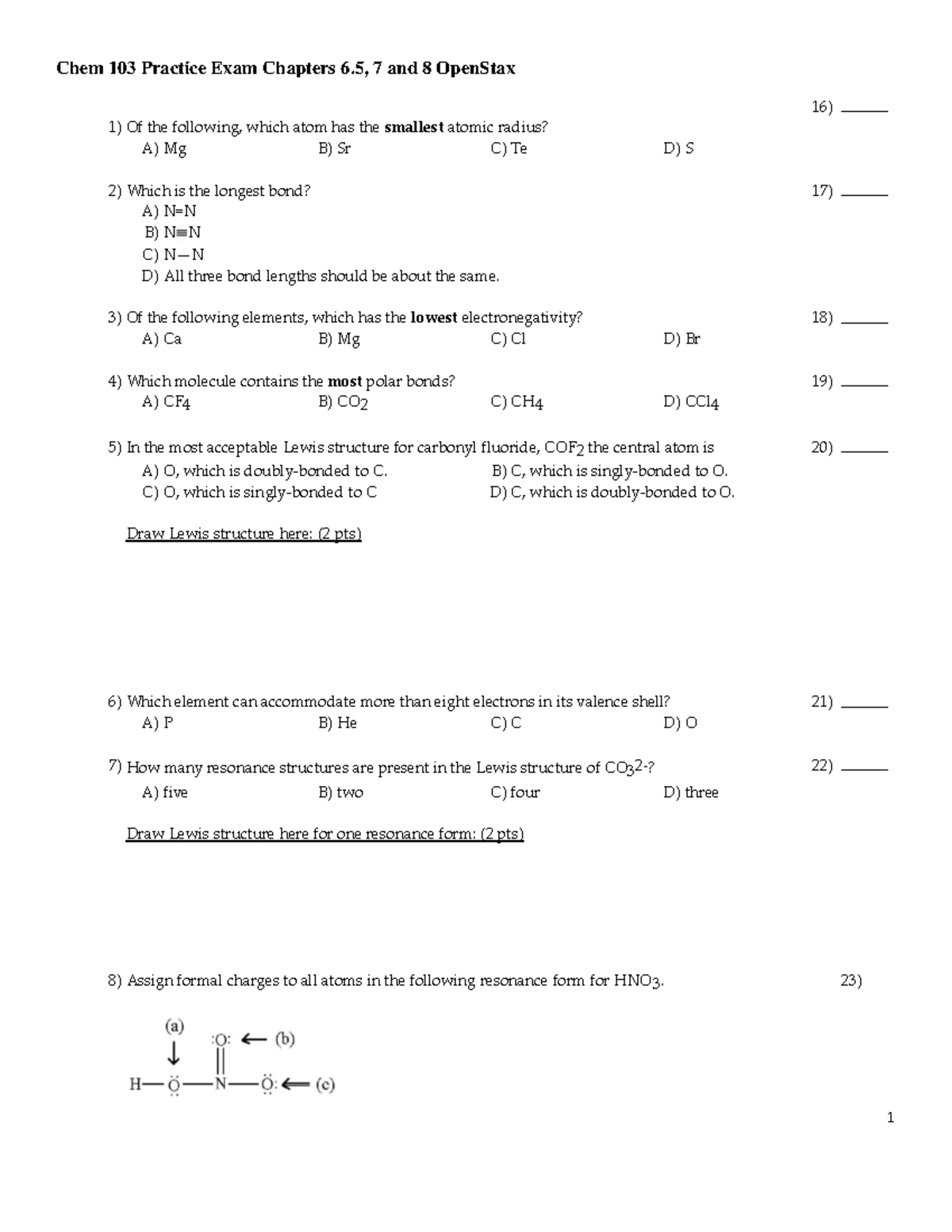 Chem103 Exam3Practice PB - Chem 103 Practice Exam Chapters 6, 7 And 8 ...