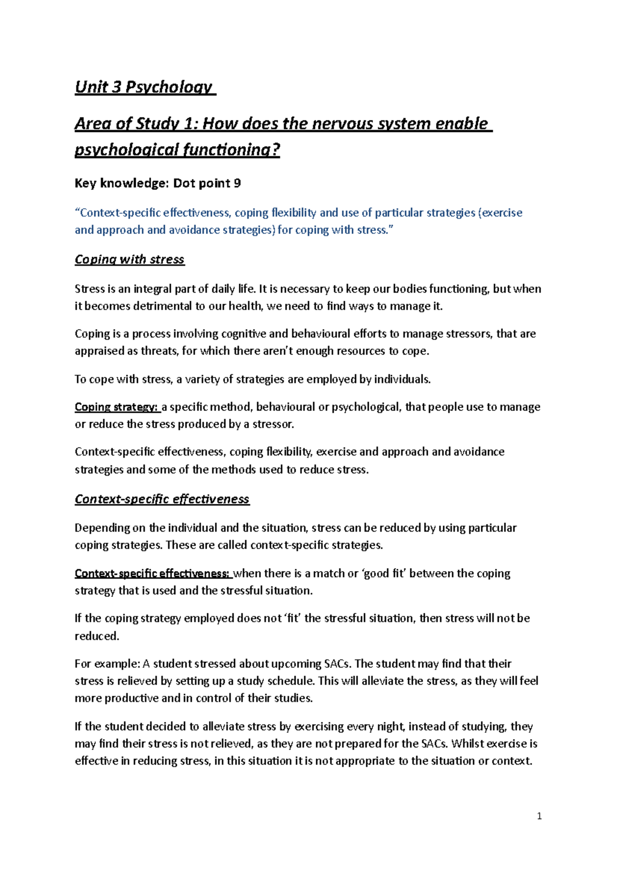 Outcome 1 Coping Strategies for Stress Notes week 6 (1) - Unit 3 ...