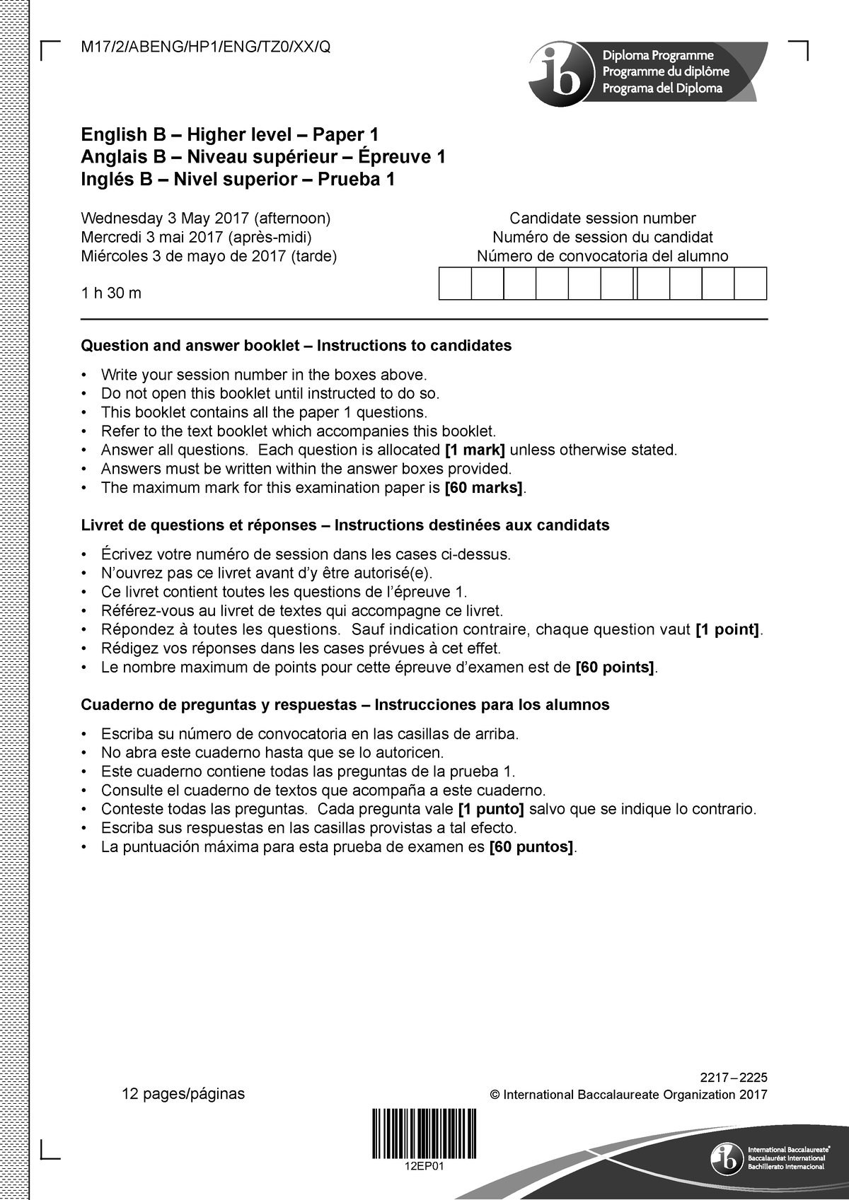 English B Paper 1 Question Booklet HL - Question And Answer Booklet ...