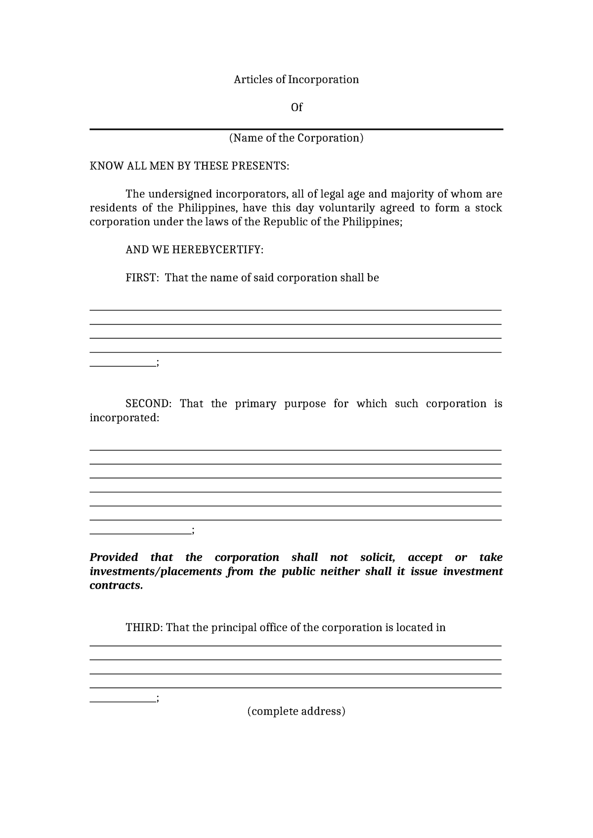 Articles of Incorporation - Articles of Incorporation Of (Name of the ...