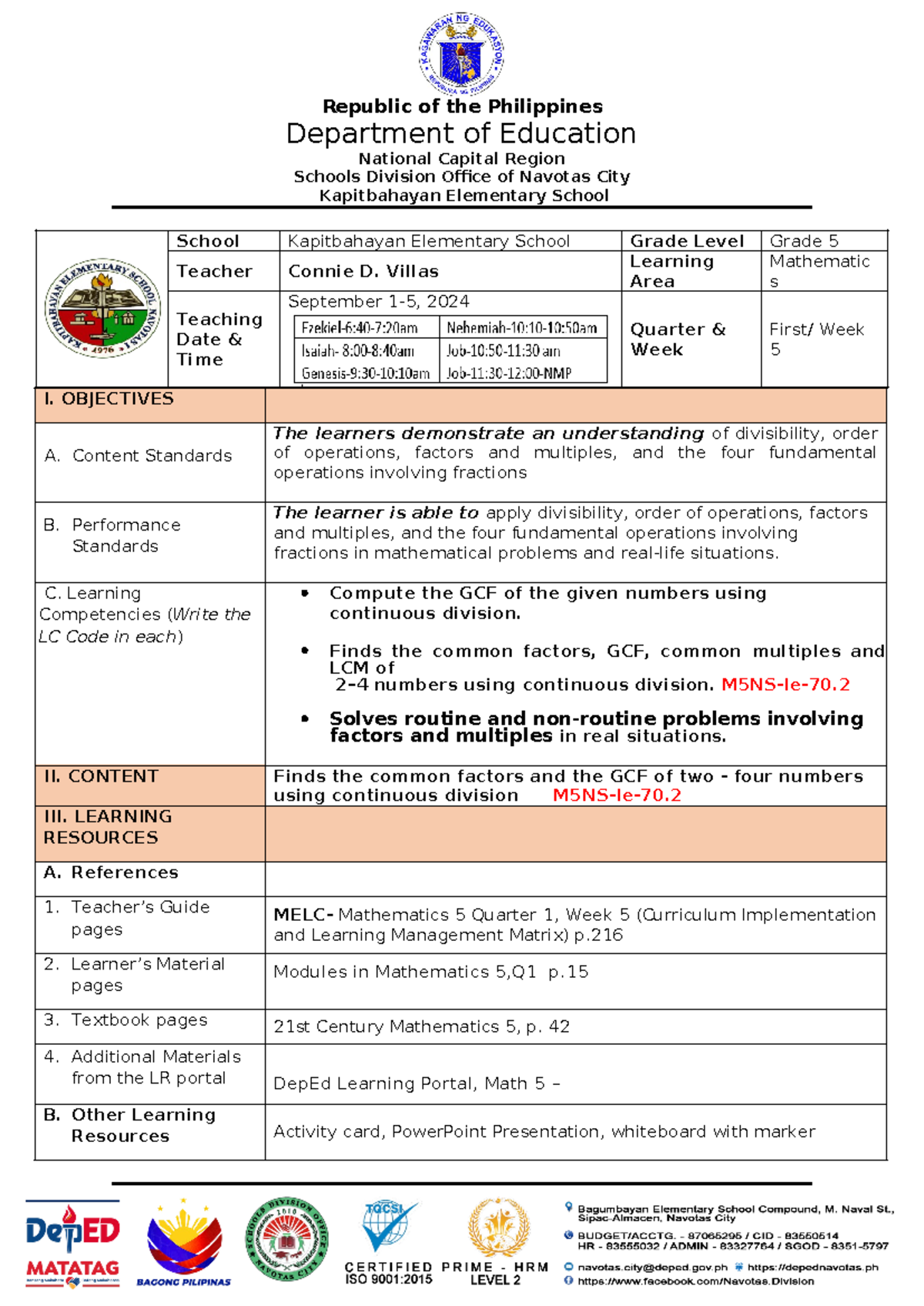 Q1-GCF - LESSON PLAN IN GRADE 5 GCF - Republic of the Philippines ...
