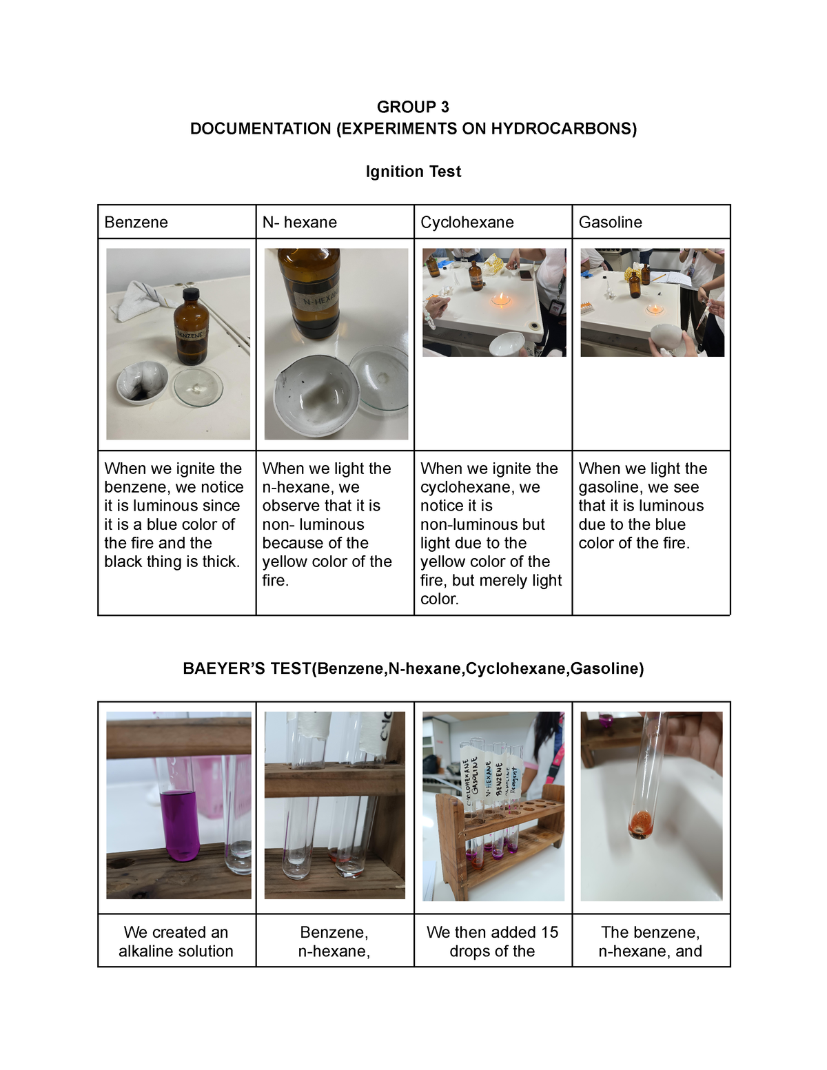 test for hydrocarbons experiment