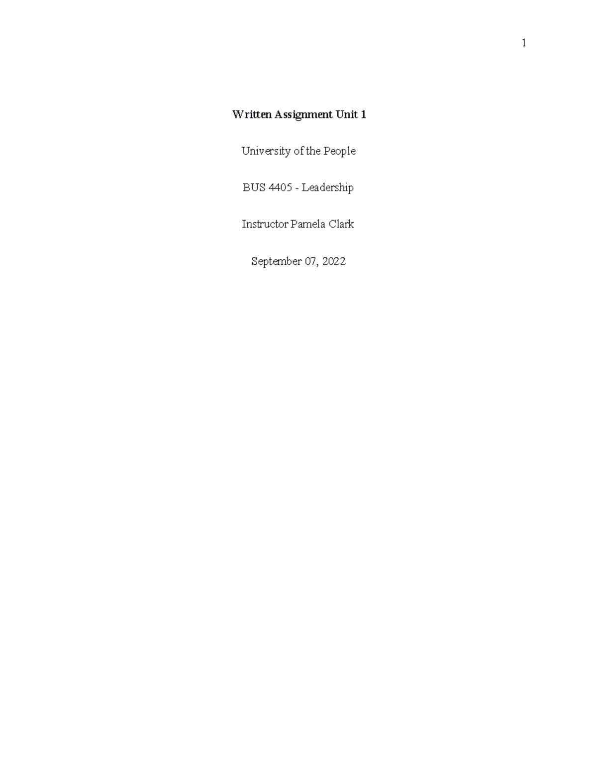 BUS 4405 - Unit 1 - Written Assignment - Written Assignment Unit 1 ...