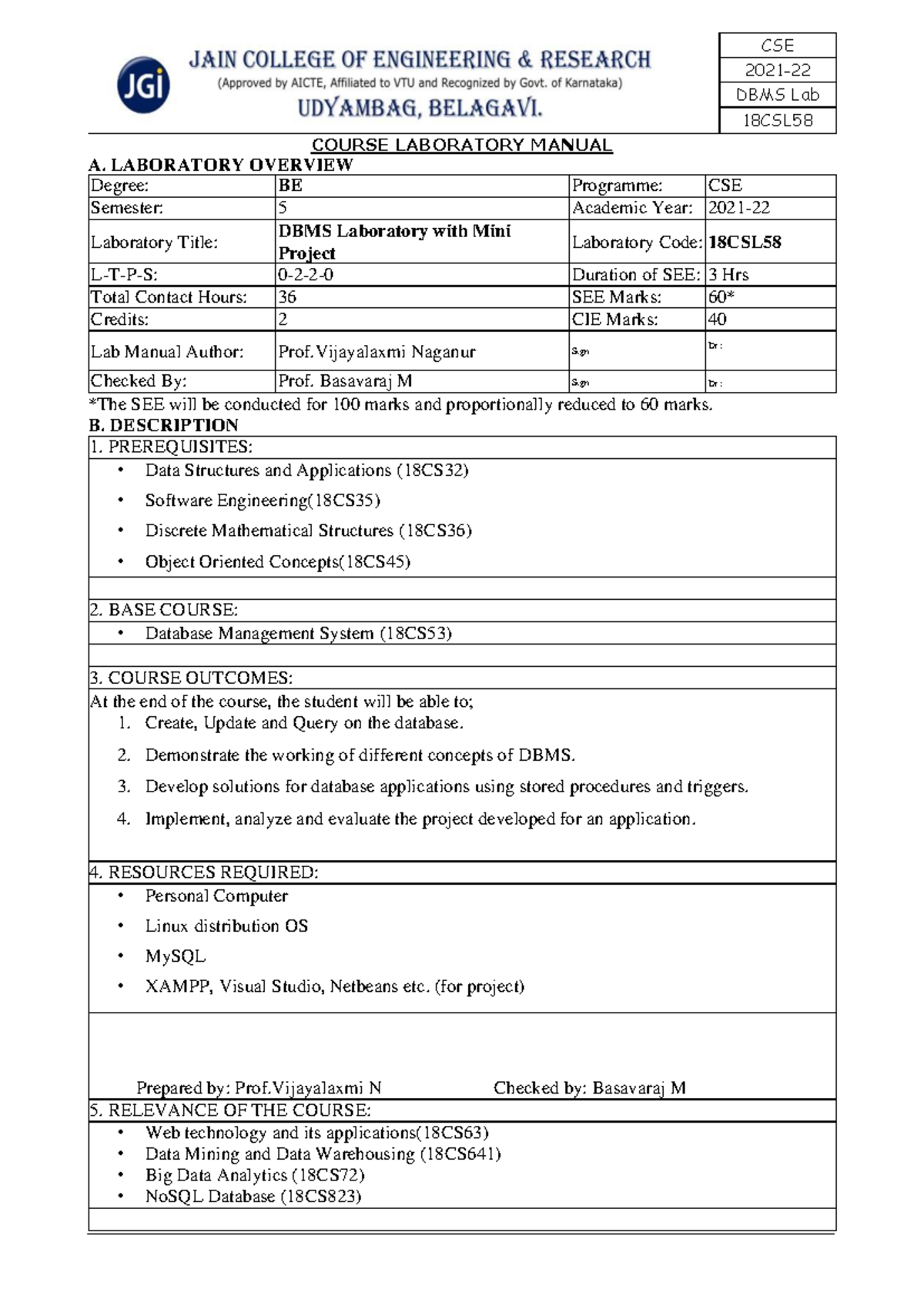 DBMS Lab Manual COURSE LABORATORY MANUAL 2021 DBMS Lab 18CSL A