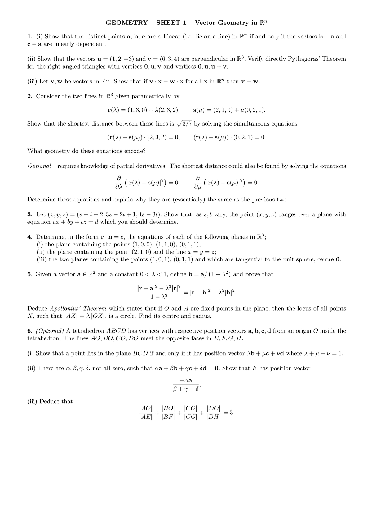 Sheet 1 - GEOMETRY – SHEET 1 – Vector Geometry in Rn (i) Show that the ...