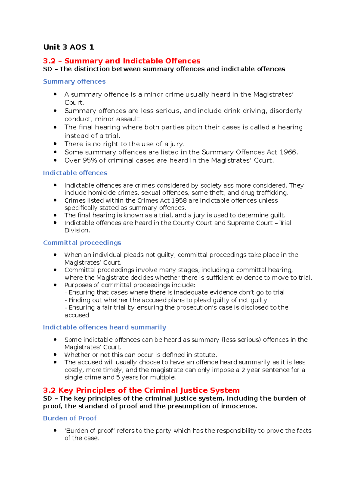 EXAM Notes - Unit 3 AOS 1 3 – Summary and Indictable Offences SD – The ...