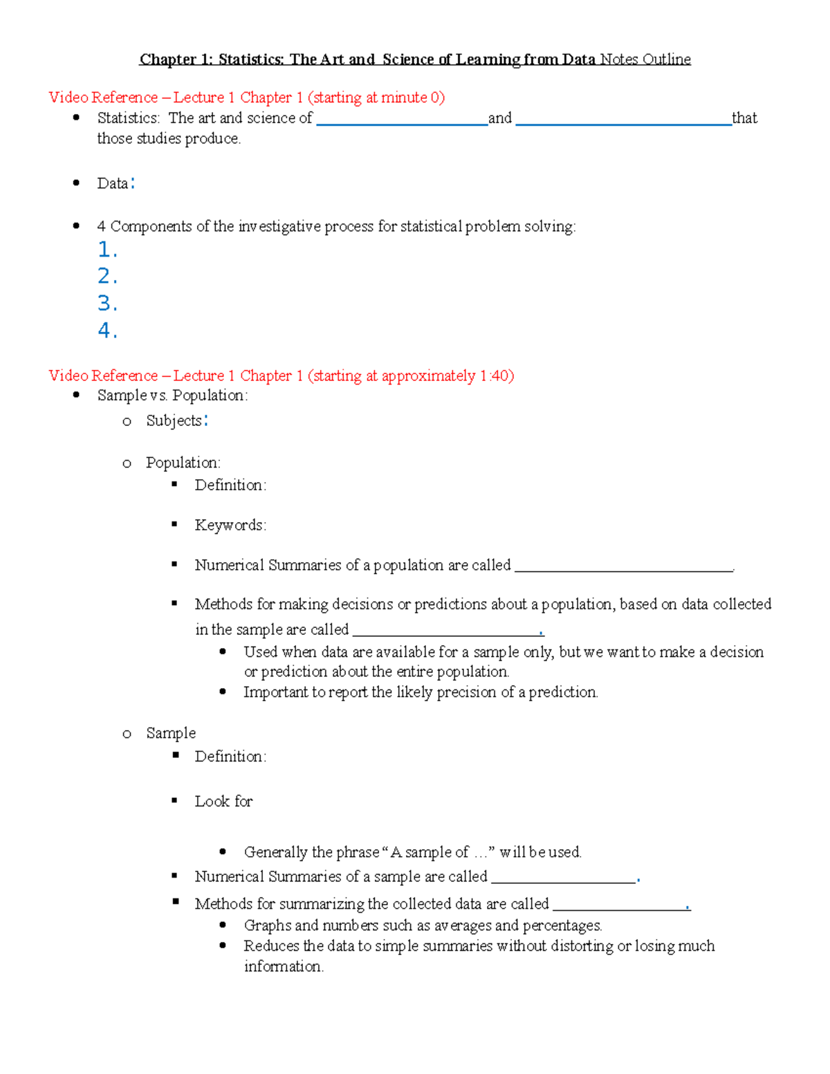 Chapter 1 Note Blank Note Outline - Chapter 1: Statistics: The Art and ...