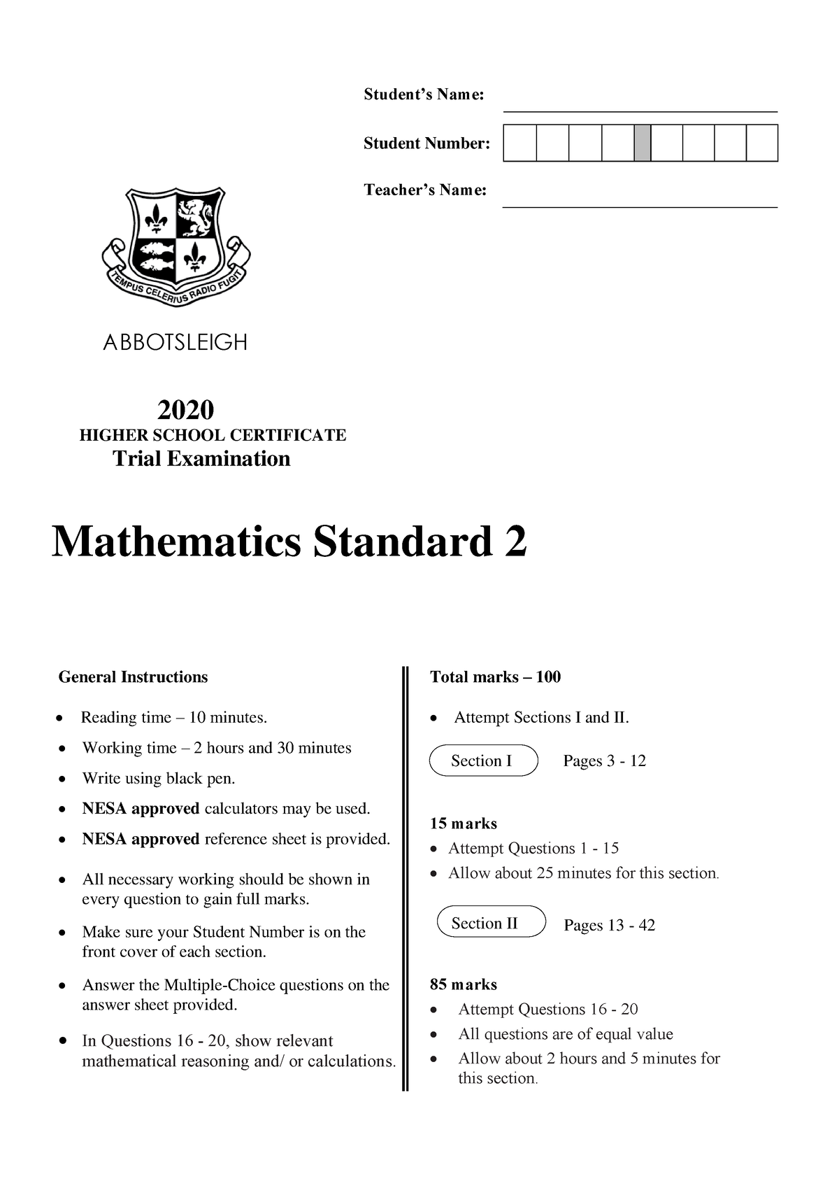 2020 Abbotsleigh Trial - ABBOTSLEIGH General Instructions Total marks ...