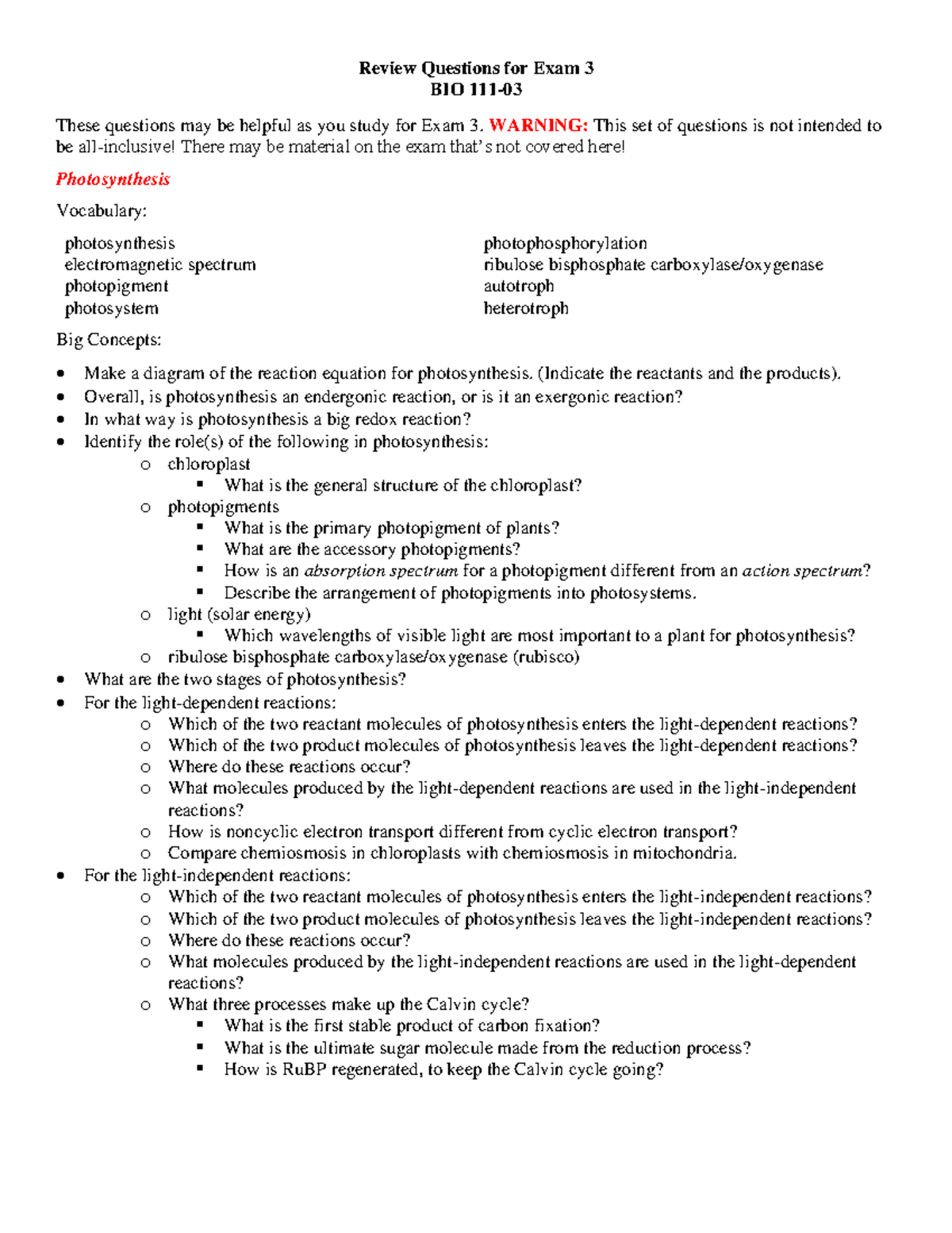 Review 3 s22 - Review Questions for Exam 3 BIO 111- These questions may ...