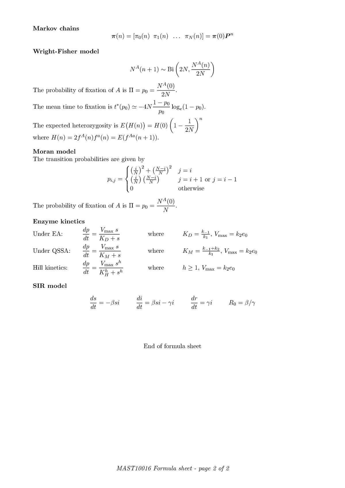 Exam Formula Sheet 2 2 - Markov Chains ⇡(n) = [⇡0 (n) ⇡1 (n) . . . ⇡n 