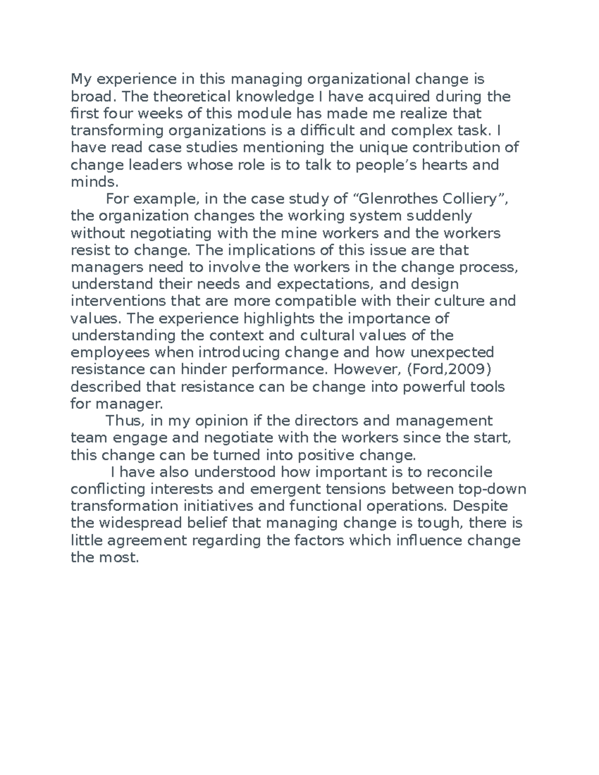 Moc reflection - My experience in this managing organizational change ...