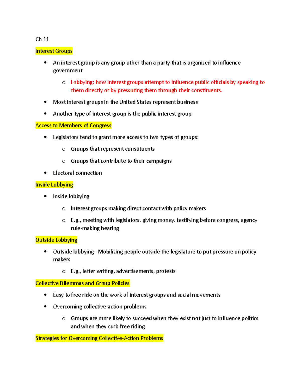 PLSC CH 11 - CH 11 notes - Ch 11 Interest Groups An interest group is ...