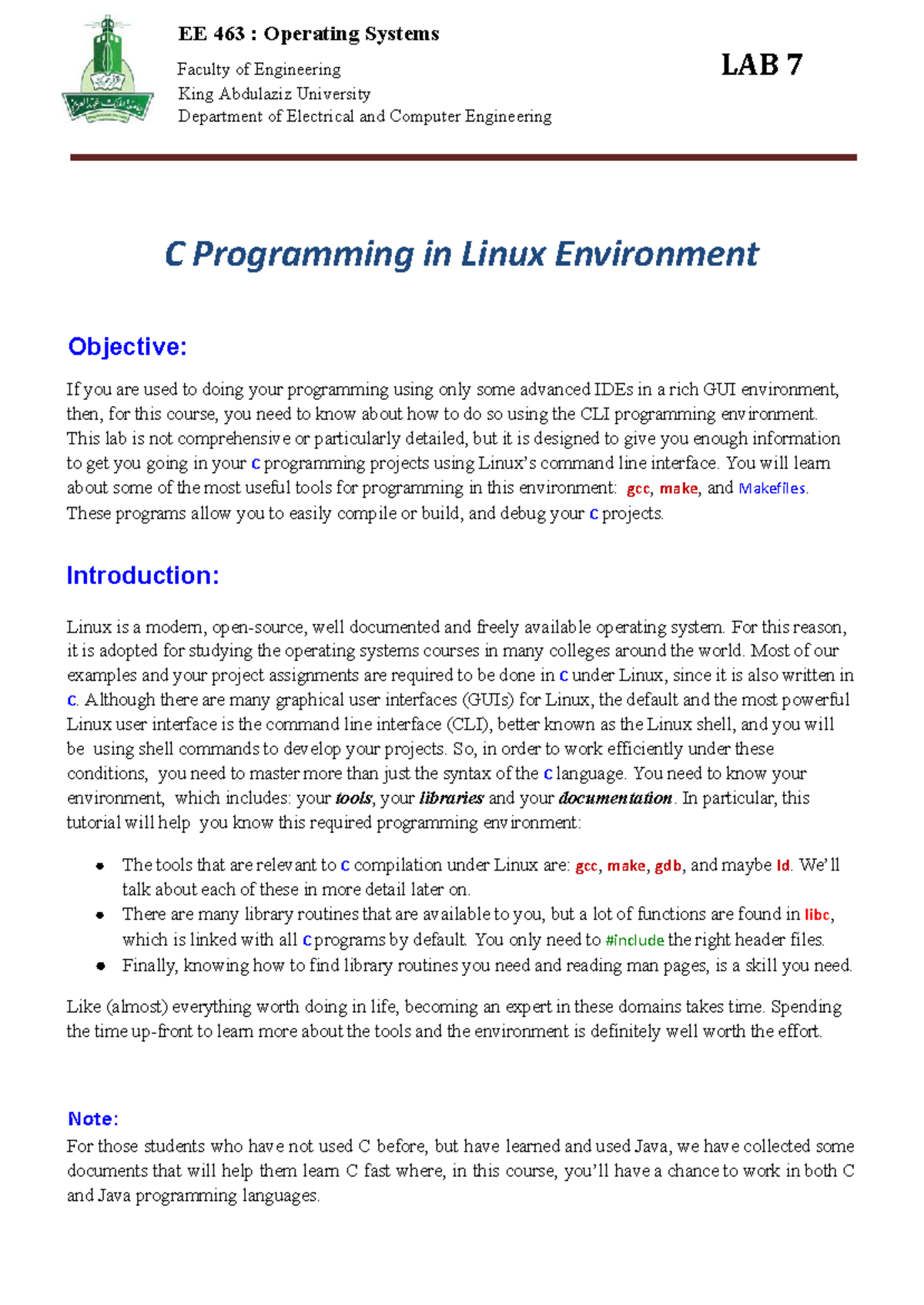 EE463 S24 LAB7 - EE 463 : Operating Systems Faculty of Engineering LAB ...