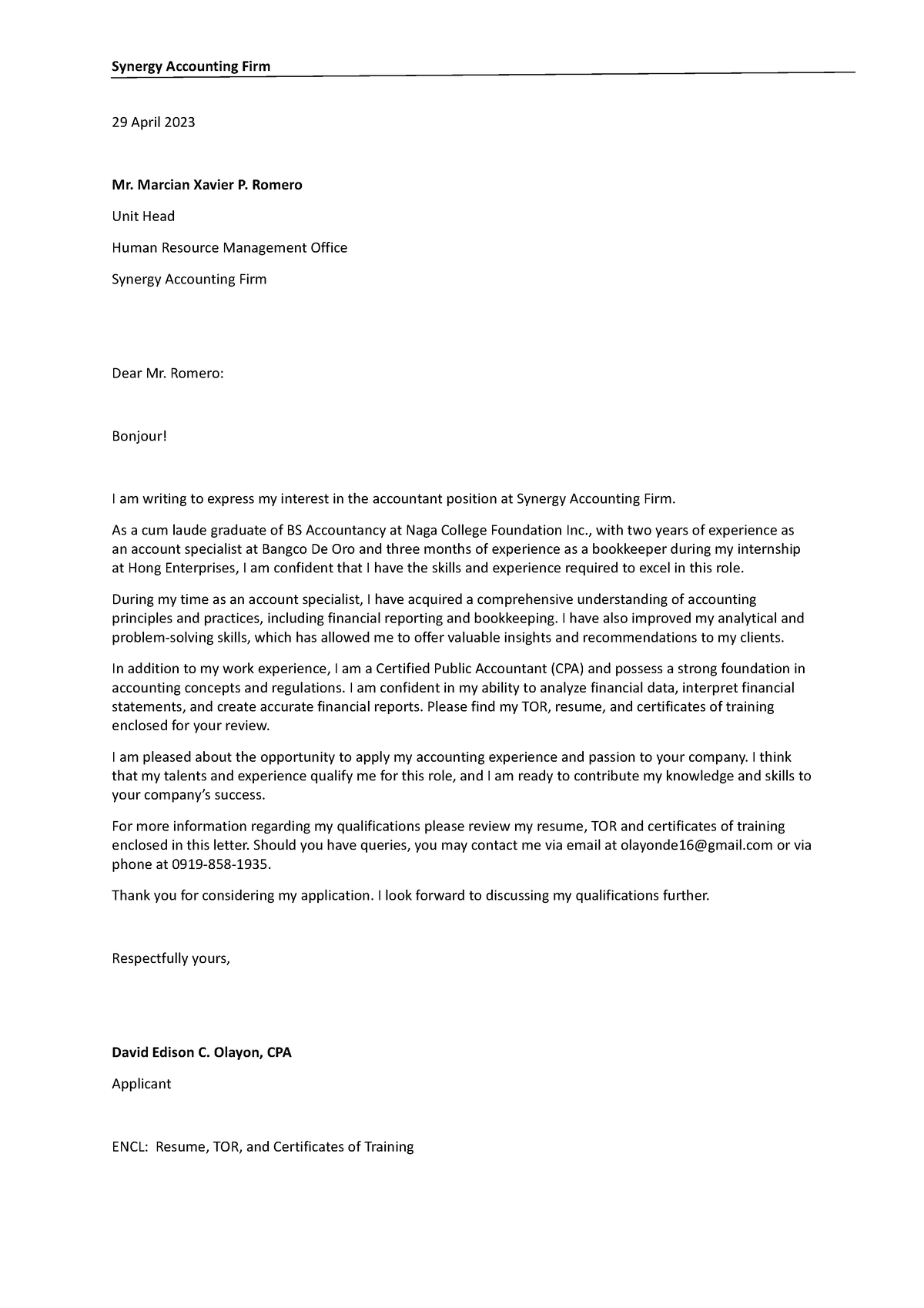 Cover Letter in oral com - Synergy Accounting Firm 29 April 2023 Mr ...