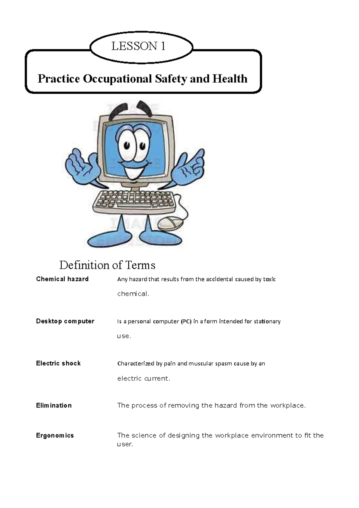 Notes Tools and Occupation Health Safety Definition of Terms Chemical
