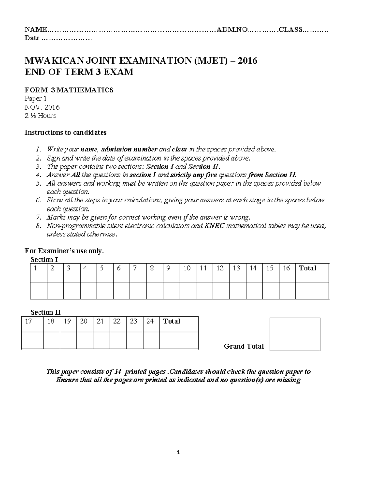 Mathematics form 3 p1 mod23042022001 - - Studocu