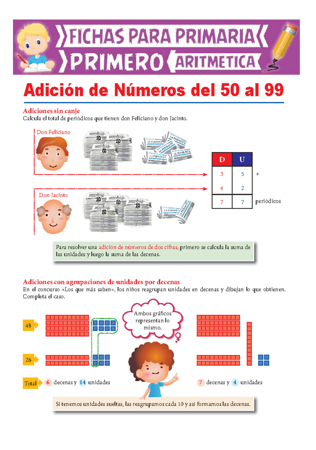 Adición De Números Del 50 Al 99 Para Primero De Primaria - Adiciones ...